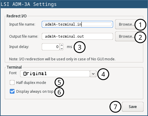 Settings window of ADM-3A terminal